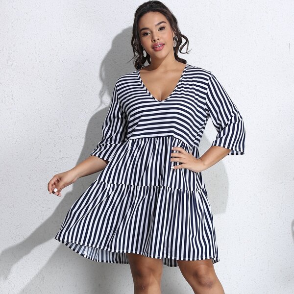 

Plus Striped Print V Neck Smock Dress, Blue and white