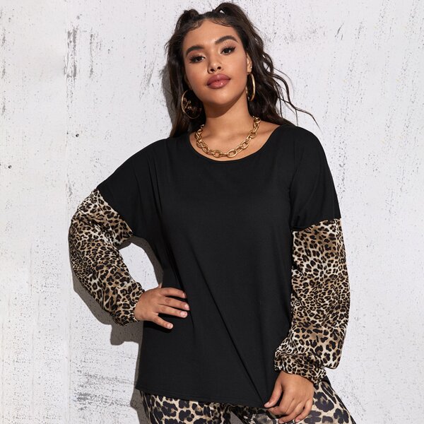 

Plus Contrast Leopard Drop Shoulder Tee, Black