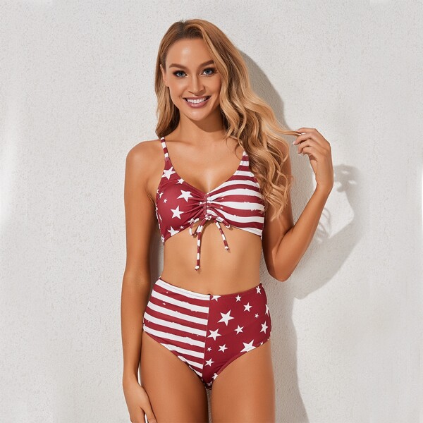 

Star & Striped Drawstring Front Bikini Swimsuit, Burgundy