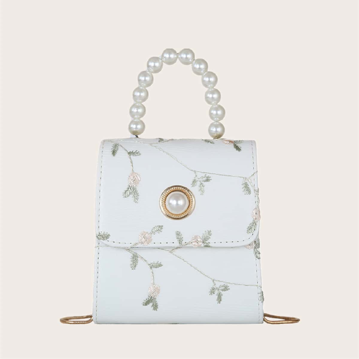 

Faux Pearl Handle Flower Embroidered Satchel Bag, White