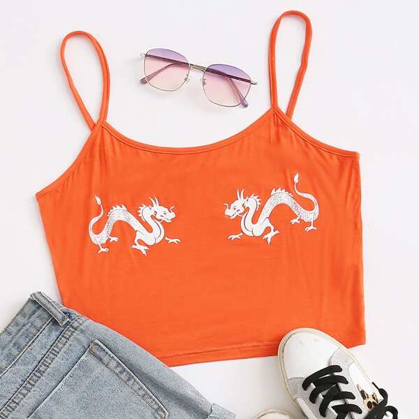 

Chinese Dragon Print Cropped Cami Top, Orange