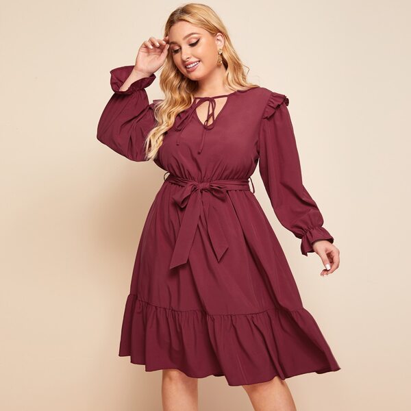 

Plus Ruffle Hem Tie Neck Flounce Sleeve Belted Dress, Maroon