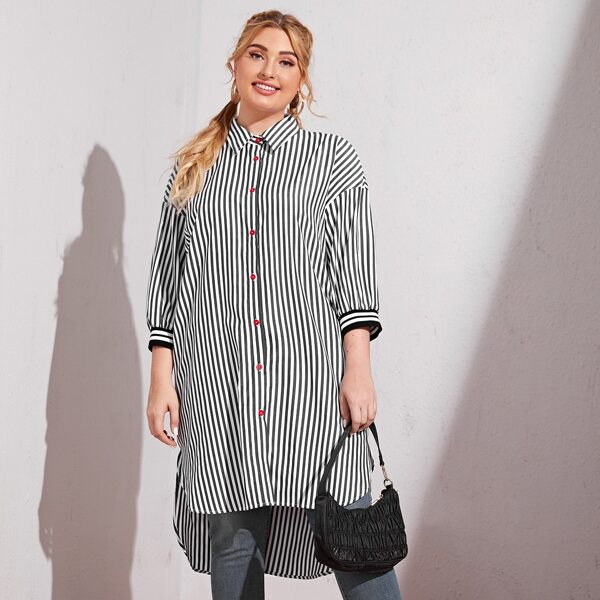 

Plus Drop Shoulder Dip Hem Striped Blouse, Black and white