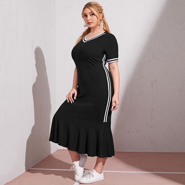 

Plus Striped Trim Flippy Hem Dress, Black
