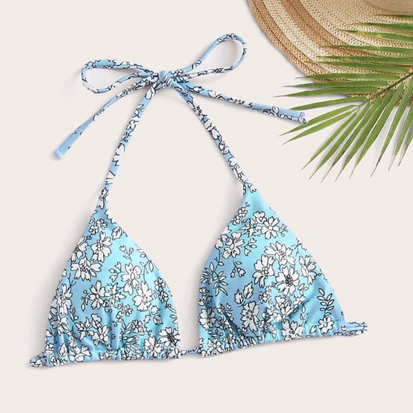

Floral Halter Triangle Bikini Top, Baby blue