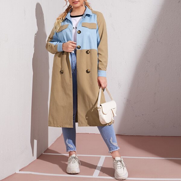 

Plus Flap Detail Colorblock Belted Trench Coat, Khaki