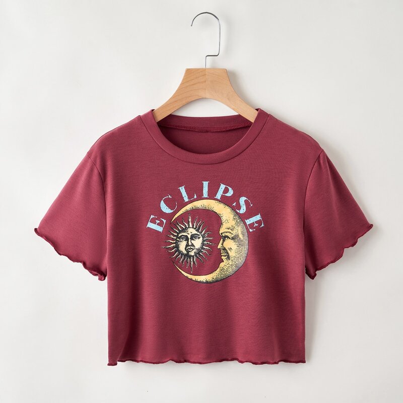 

Sun & Moon Graphic Crop Tee, Maroon
