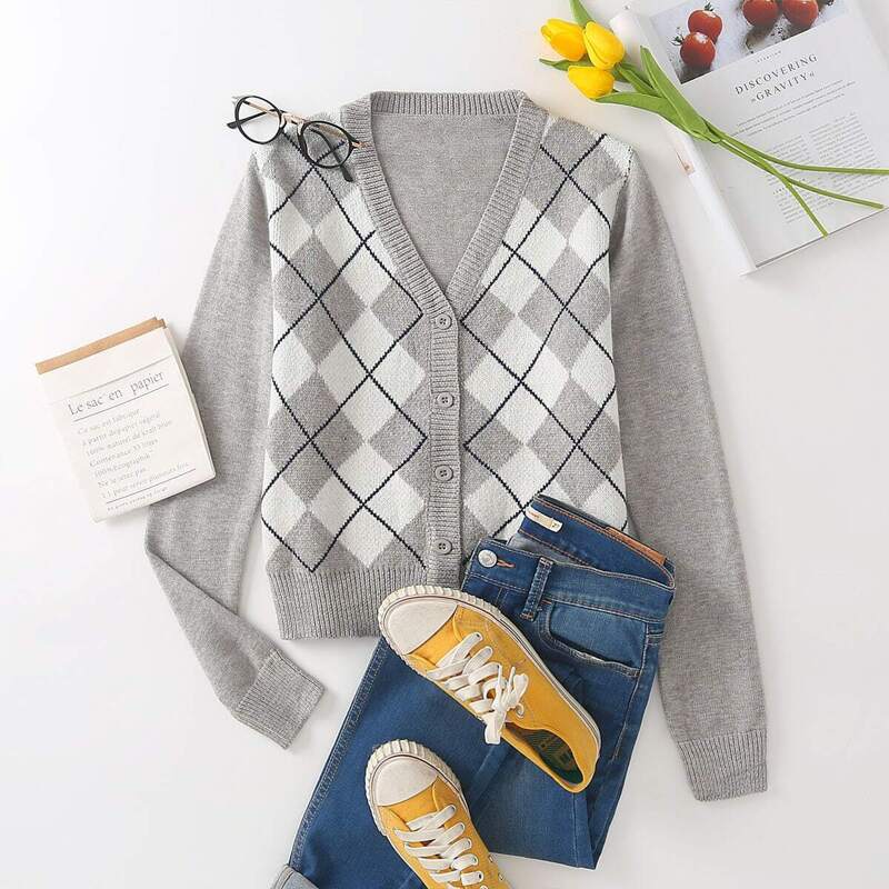 

Argyle Graphic Button Up Cardigan, Grey