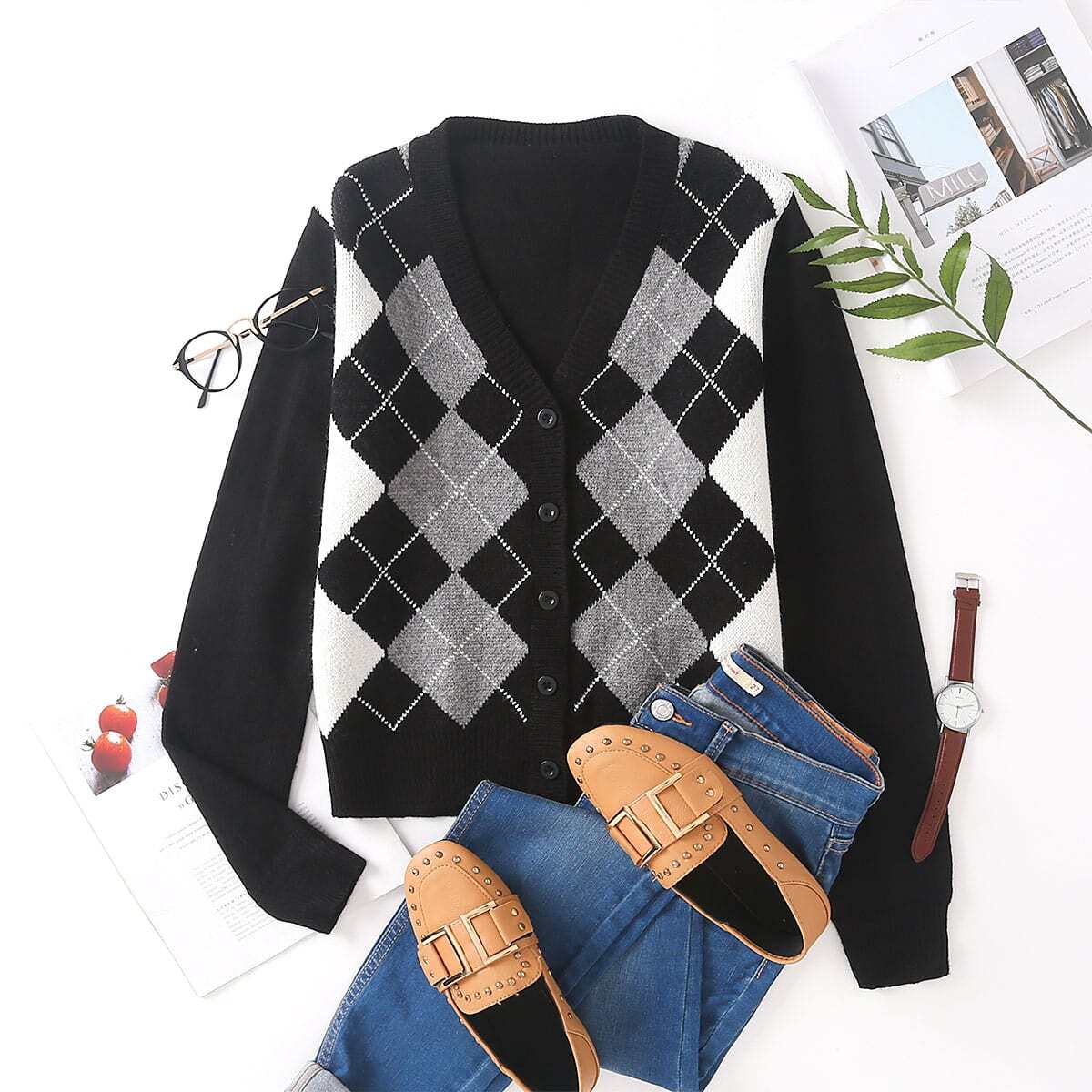 Image of Argyle Graphic Button Up Cardigan