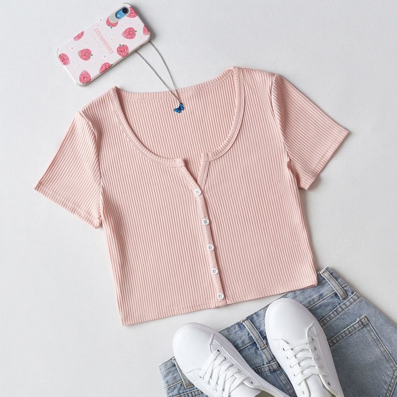 

Button Up Ribbed Crop Top, Baby pink