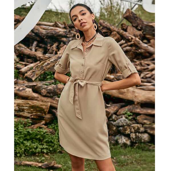 

Solid Half Button Belted Shirt Dress, Khaki