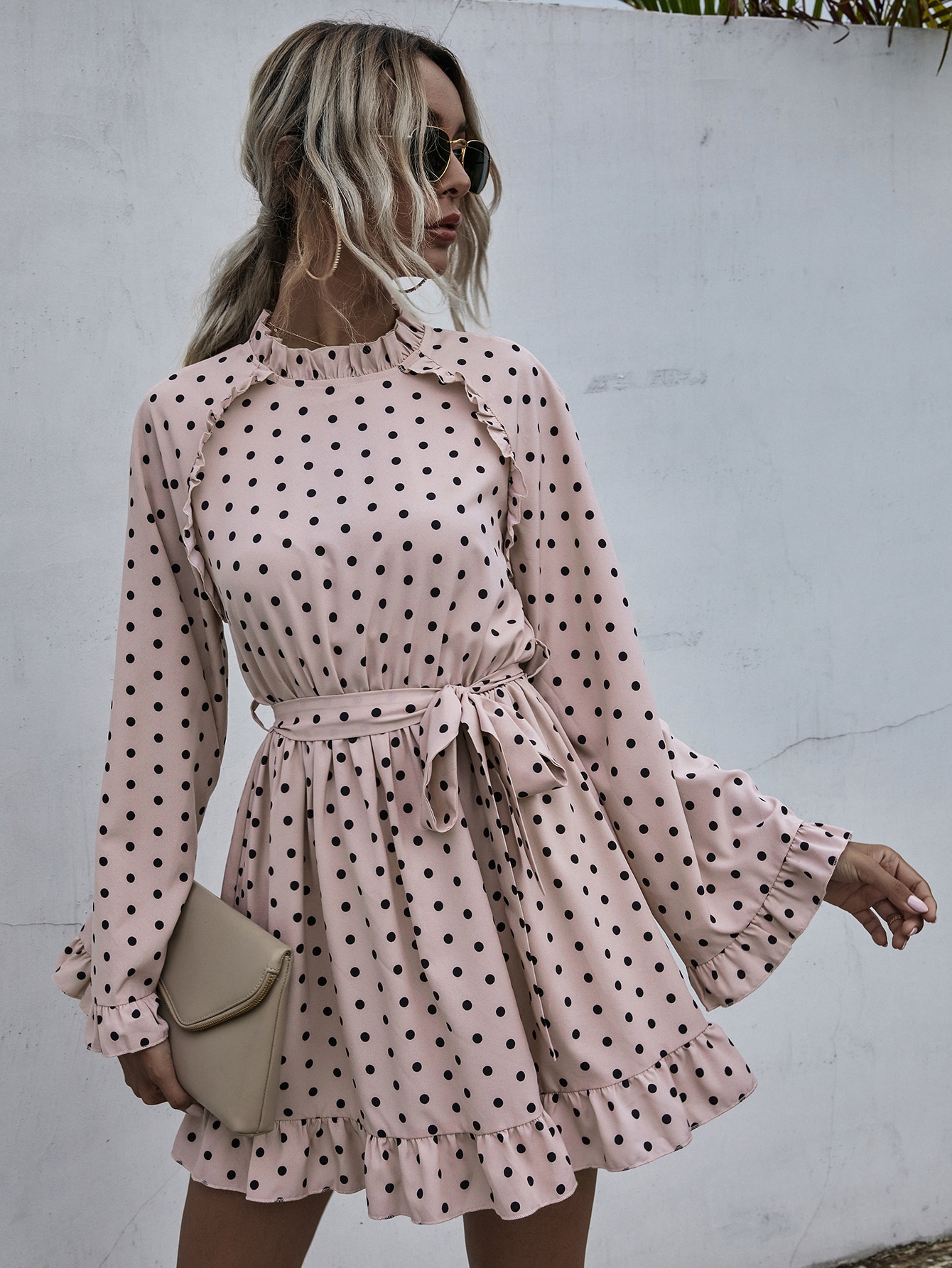 Polka Dot Ruffle Trim Belted A-Line Dress thumbnail