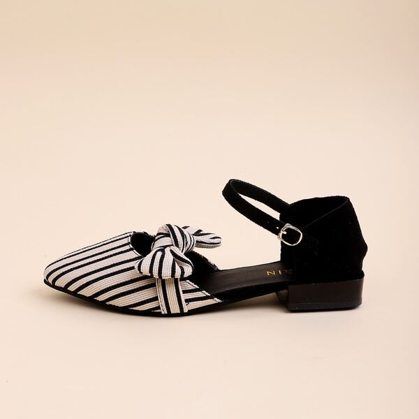 

Striped Bow Decor Ankle Strap Flats, Black and white