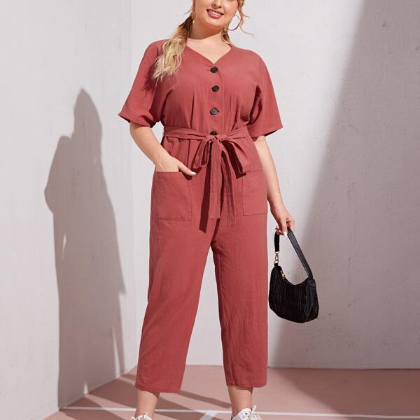 

Plus Batwing Sleeve Single Breasted Patch Pocket Belted Jumpsuit, Rusty rose