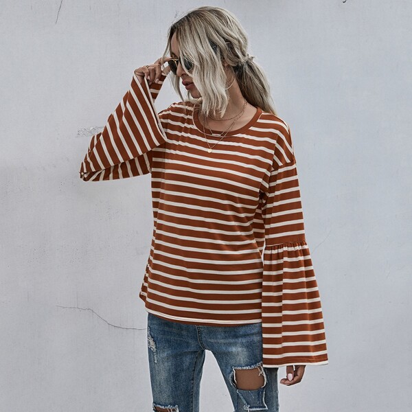 

Stripe Print Bell Sleeve Tee, Rust brown