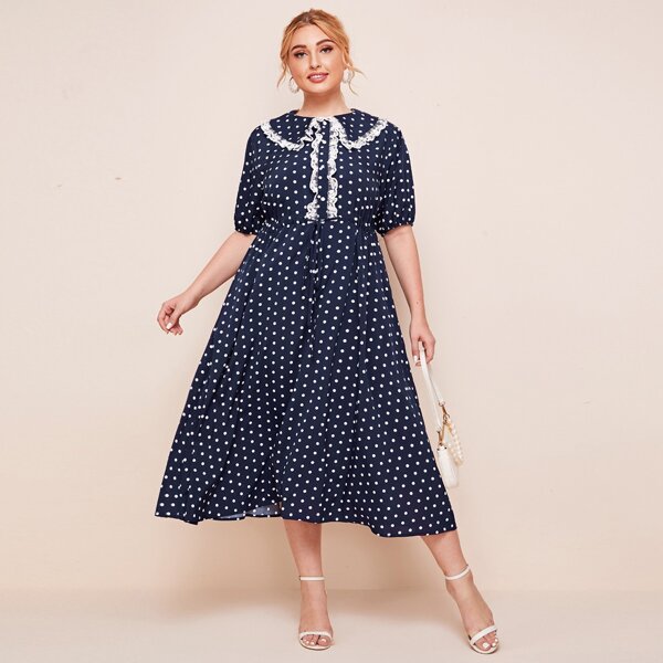 

Plus Puff Sleeve Embroidery Mesh Ruffle Trim Polka Dot Dress, Navy blue