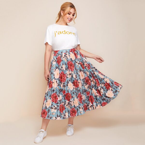 

Plus Letter Graphic Top & Pleated Floral Skirt Set, Multicolor