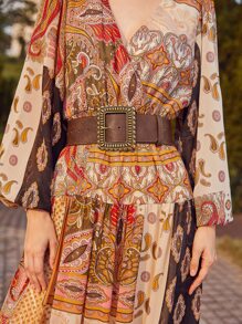 SHEIN VCAY Cinturón minimalista de metal con hebilla cuadrada, diseño de moda para mujer - Café integral - Ver 1