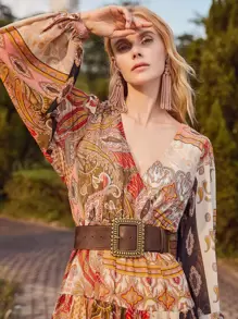 SHEIN VCAY Cinturón minimalista de metal con hebilla cuadrada, diseño de moda para mujer - Café integral - Ver 2