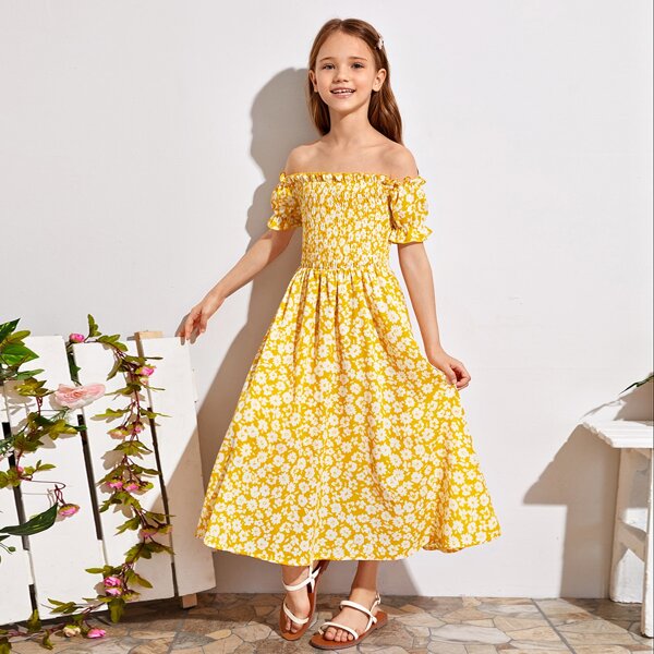 

Girls Off Shoulder Ruffle Trim Shirred Bodice Floral Dress, Yellow