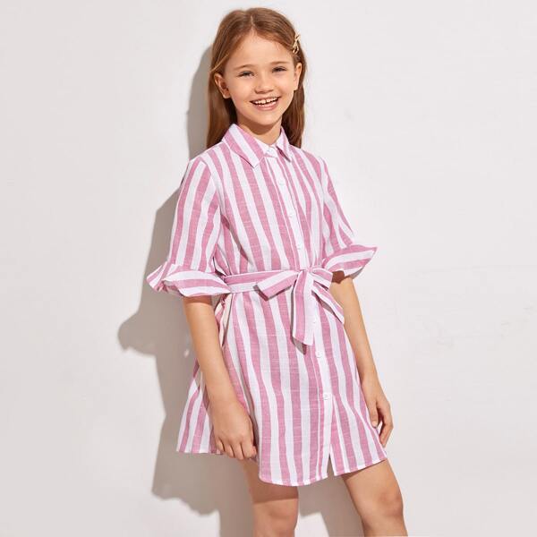 

Girls Collared Buttoned Front Ruffle Cuff Self Belted Striped Dress, Pink