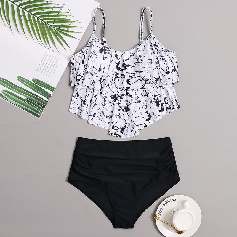

Marble Print Layer Ruffle Hem Bikini Swimsuit, Black and white
