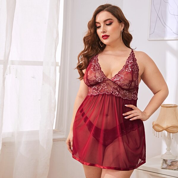 

Plus Floral Lace Mesh Slips With Panty, Burgundy