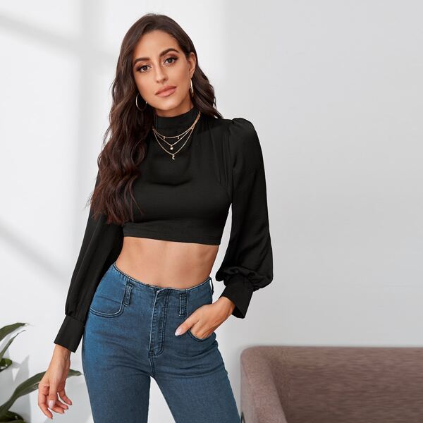 

Mock Neck Tie Back Cut-out Crop Top, Black
