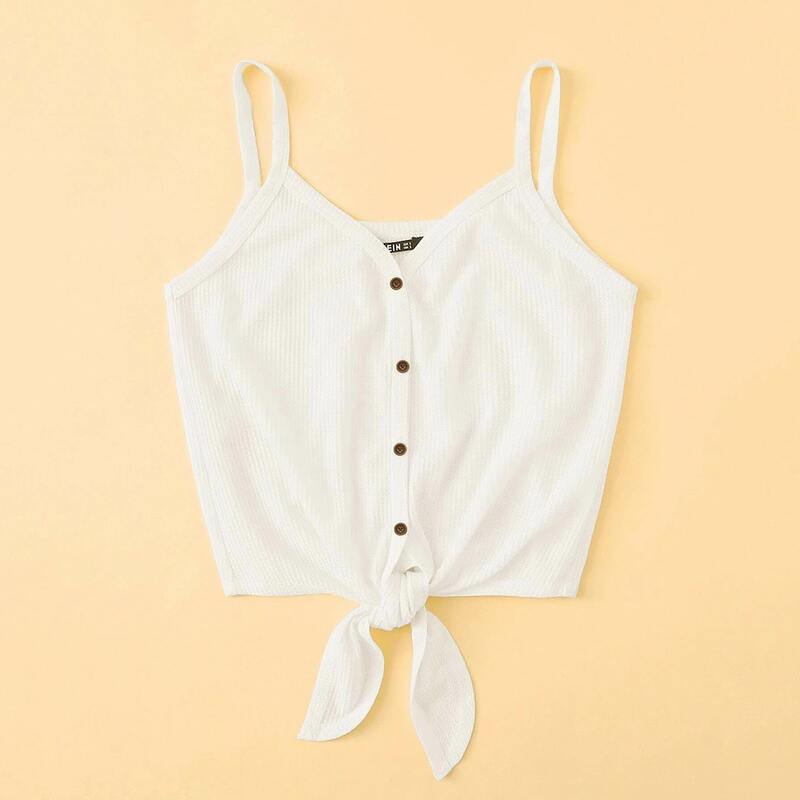 

Ribbed Button-Front Knotted Cami Top, White