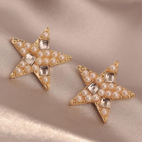 

Faux Pearl Star Stud Earrings, Gold