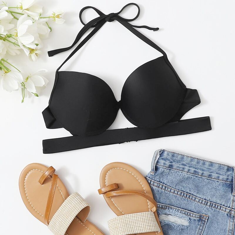 

Cut-out Halter Push Up Bikini Top, Black