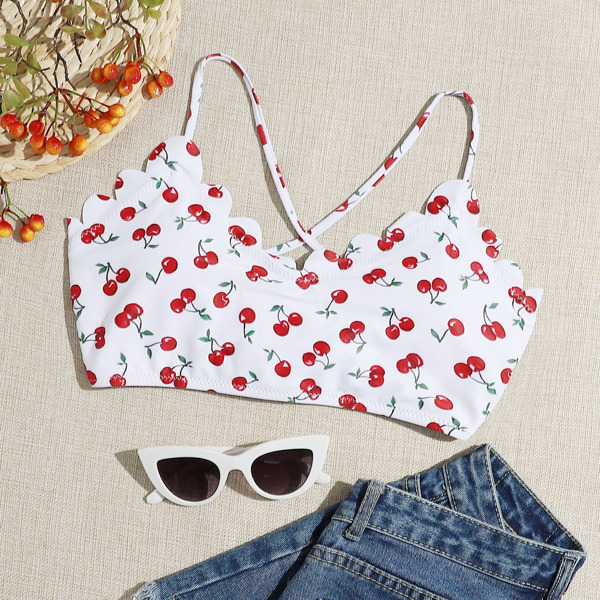 

Cherry Print Scallop Trim Bikini Top, Multicolor