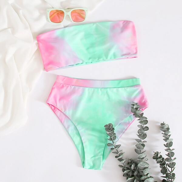 

Tie Dye Bandeau High Waisted Bikini Swimsuit, Multicolor