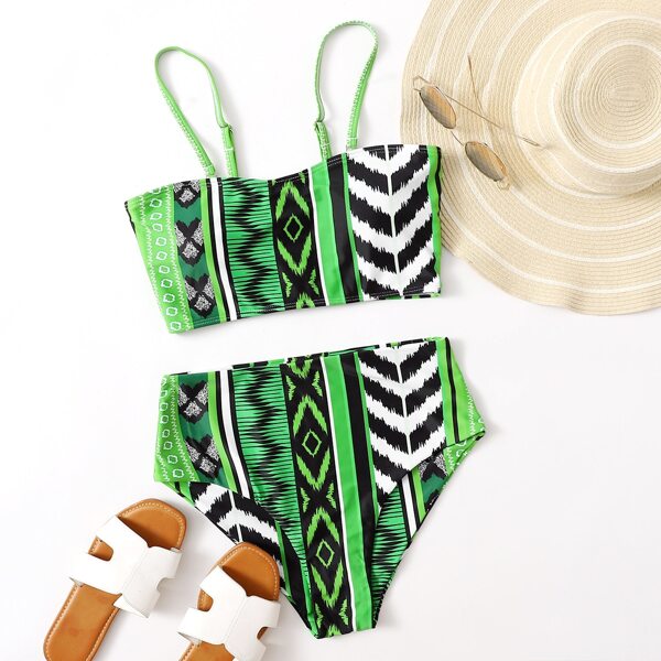 

Aztec Print High Waisted Bikini Swimsuit, Green
