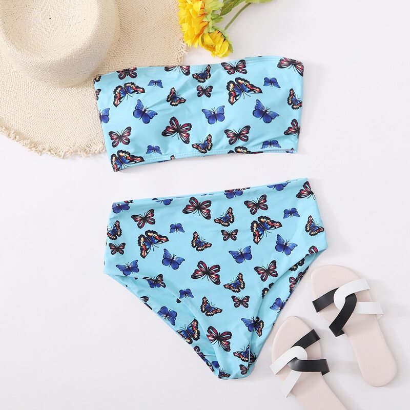 

Butterfly Print Bandeau High Waisted Bikini Swimsuit, Blue