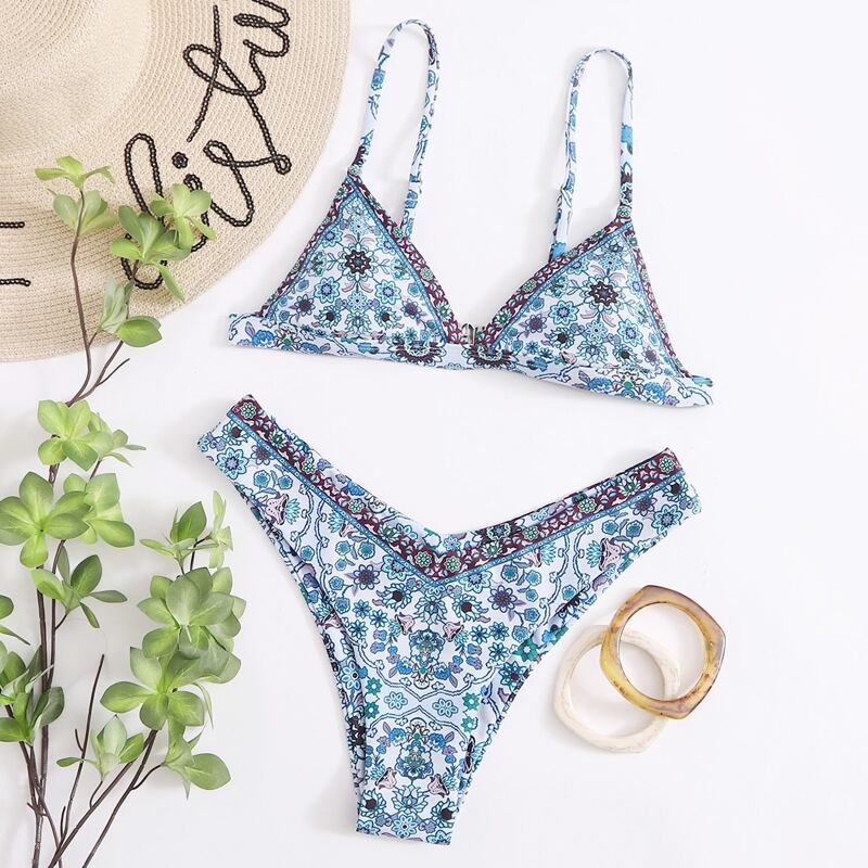 

Floral Triangle High Cut Bikini Swimsuit, Multicolor