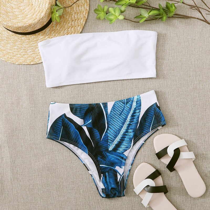 

Tropical Bandeau High Waisted Bikini Swimsuit, Multicolor