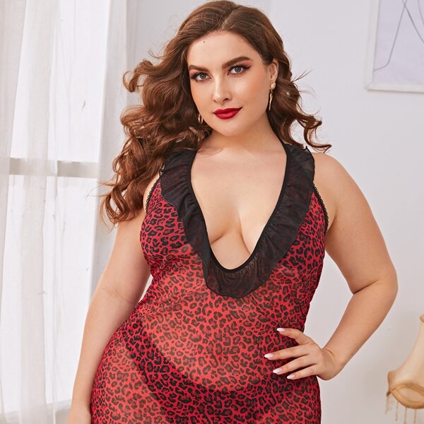 

Plus Leopard Mesh Halter Dress With Thong, Red