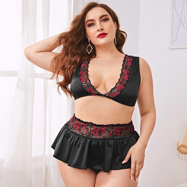

3pack Plus Floral Lace Satin Lingerie Set, Black