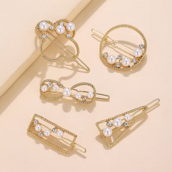 

5pcs Faux Pearl Decor Hair Clip, Gold
