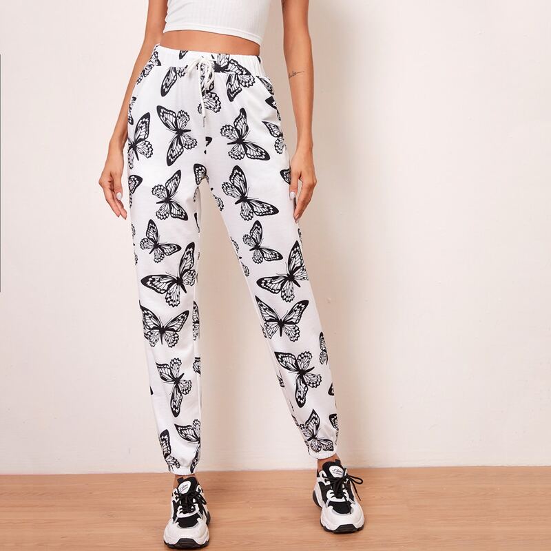 

Butterfly Print Drawstring Waist Joggers, White