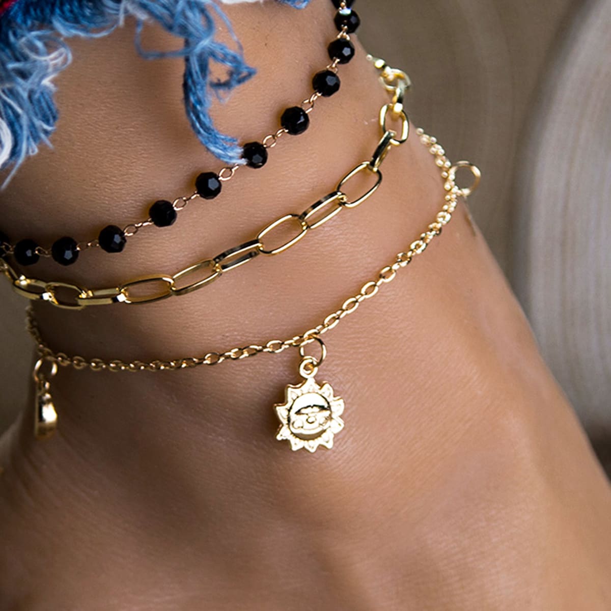 

3pcs Crystal Beaded Sun Decor Chain Anklet, Multicolor