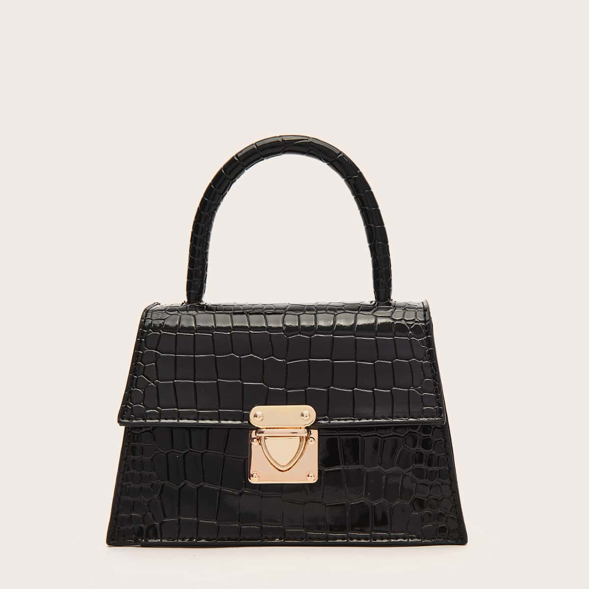 

Push Lock Croc Embossed Satchel Bag, Black