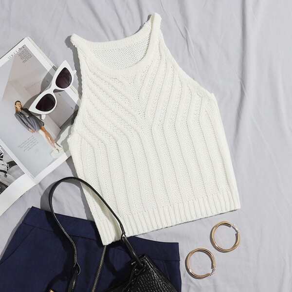 

Solid Halter Neck Knit Top, White