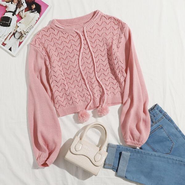 

Pom Pom Drawstring Pointelle Knit Sweater, Baby pink