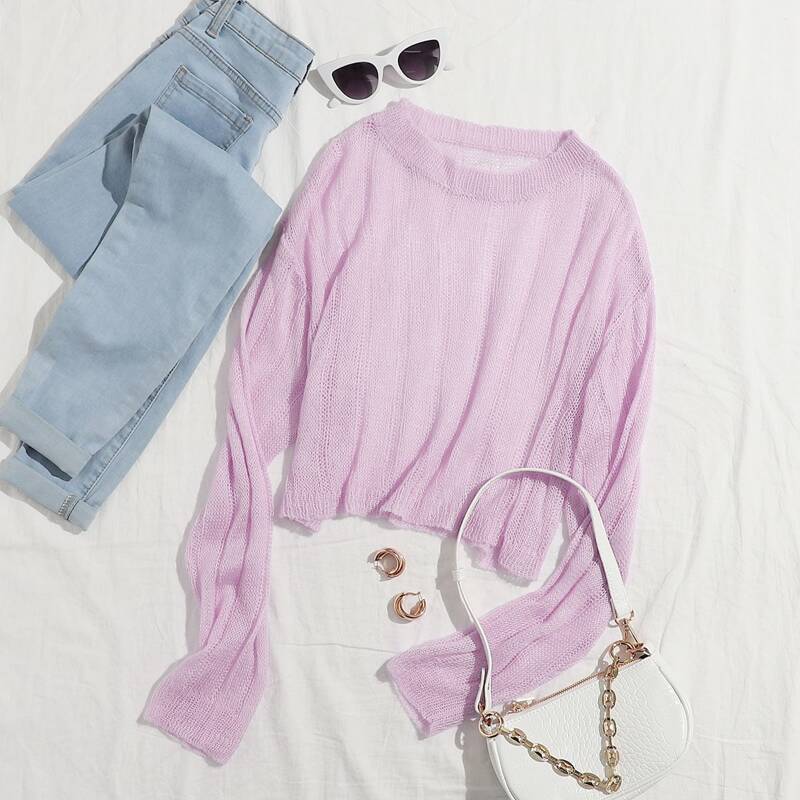 

Drop Shoulder Solid Crop Sweater, Pastel lilac purple
