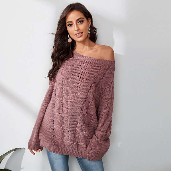 

Raglan Sleeve Cable Knit Sweater, Dusty pink