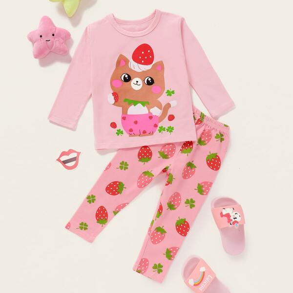 

Toddler Girls Cartoon & Strawberry Print PJ Set, Pink