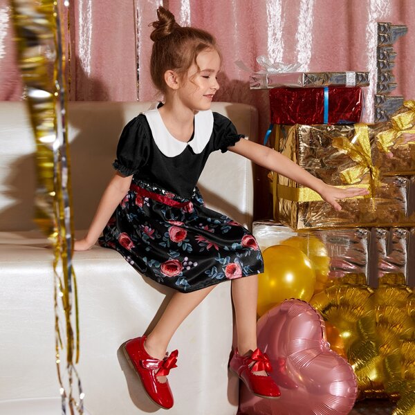 

Toddler Girls Doll Collar Floral Print Dress, Black