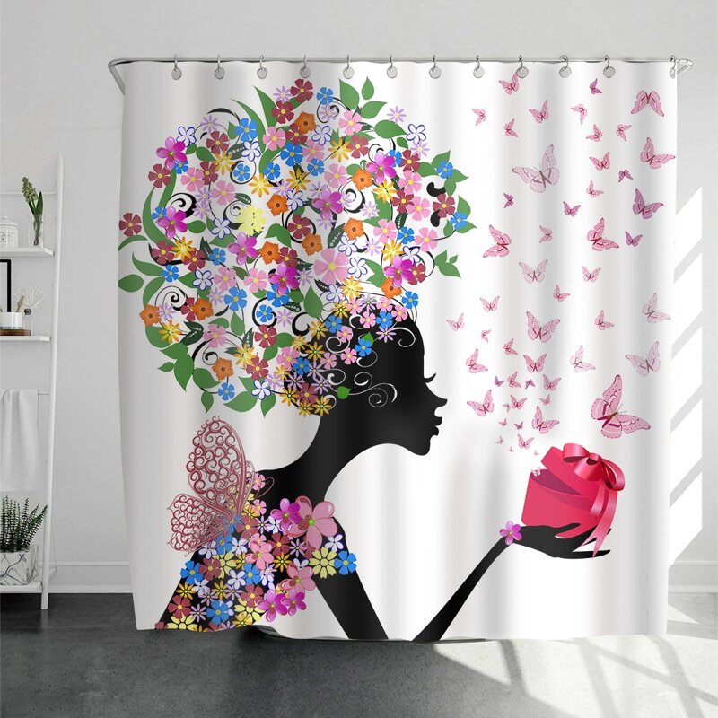

Girl Print Shower Curtain With 12hooks, Multicolor